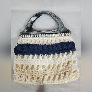Hand Made Crocheted purse white and blue 12" x 9"